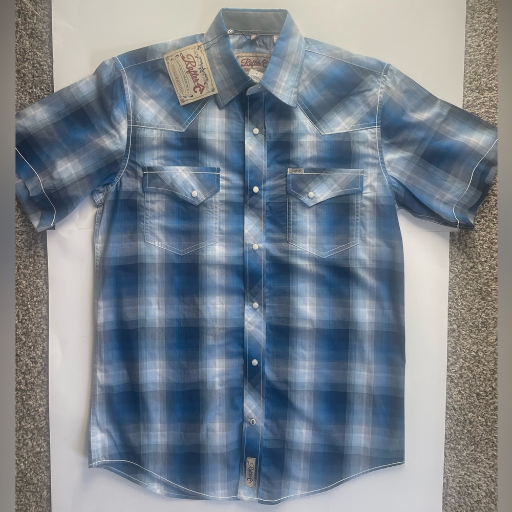Rafter C Cowboy Collection Blue & White Plaid Stretch Western Shirt size M NEW